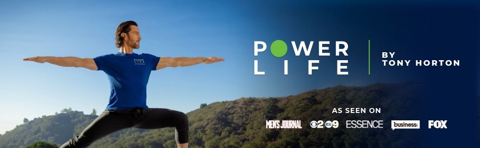 Tony Horton doing a Yoga Pose next to his Power Life logo