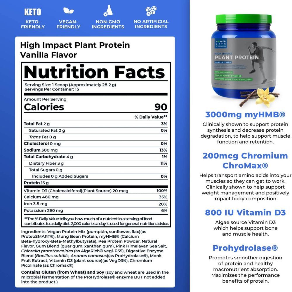 Nutrition Facts label for Vanilla Flavor Power Life high impact plant protein.