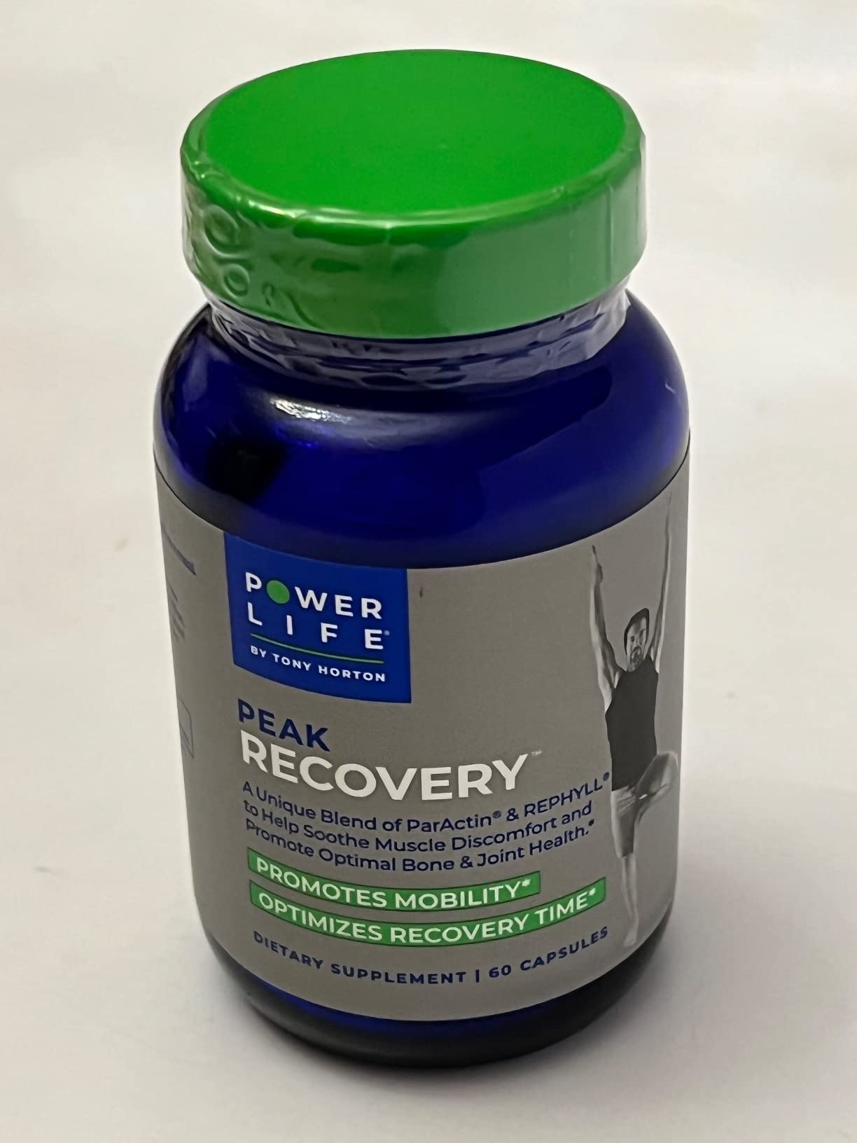 Bottle of Power Life Peak Recovery sitting on the counter.