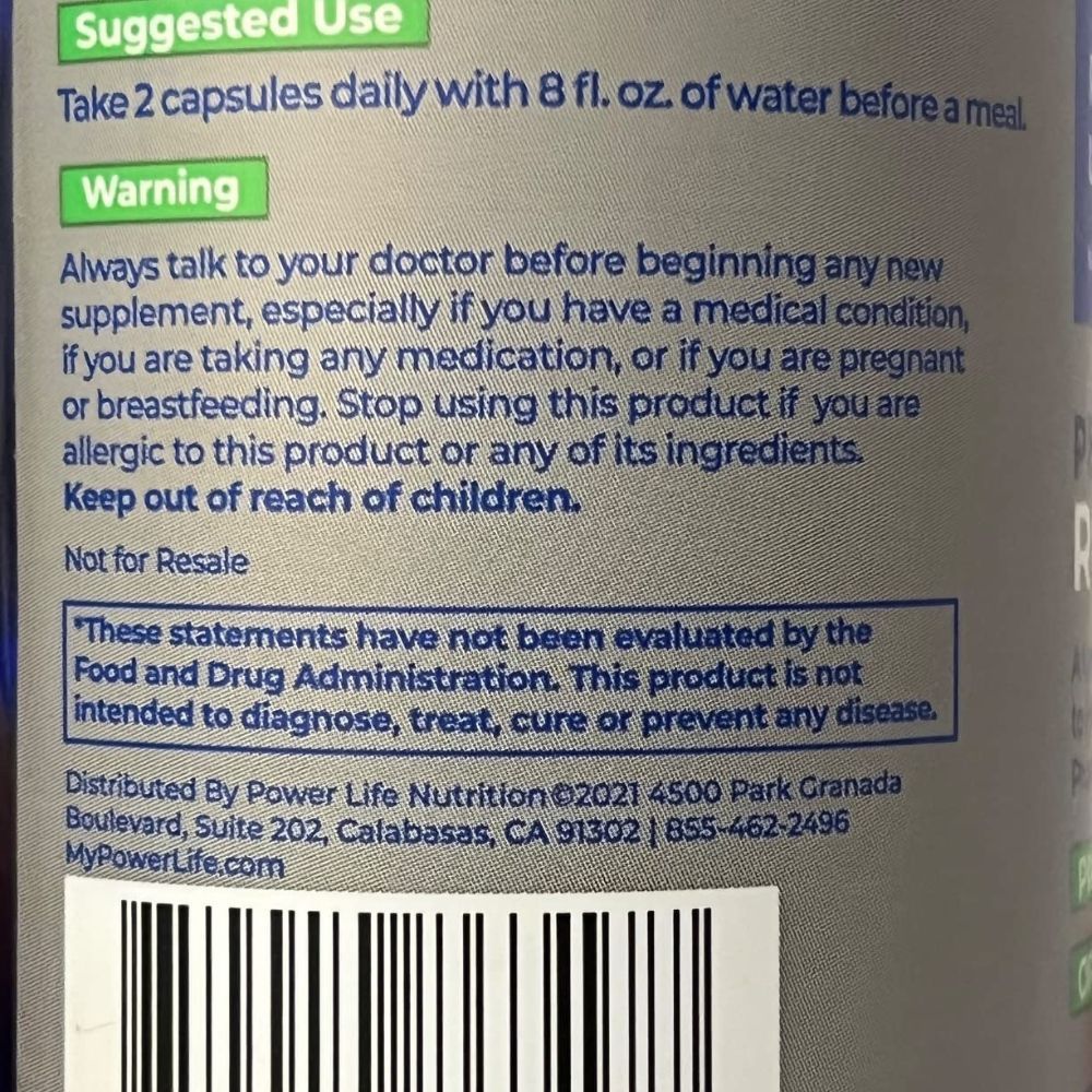 Suggested Use and Warning on back of bottle of Peak Performance.