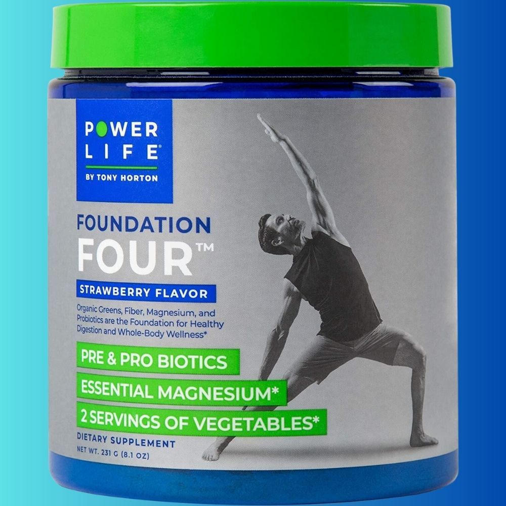 8.1 oz bottle of Power Life Foundation Four with Tony Horton on the Label in a Yoga Reverse Warrior stance